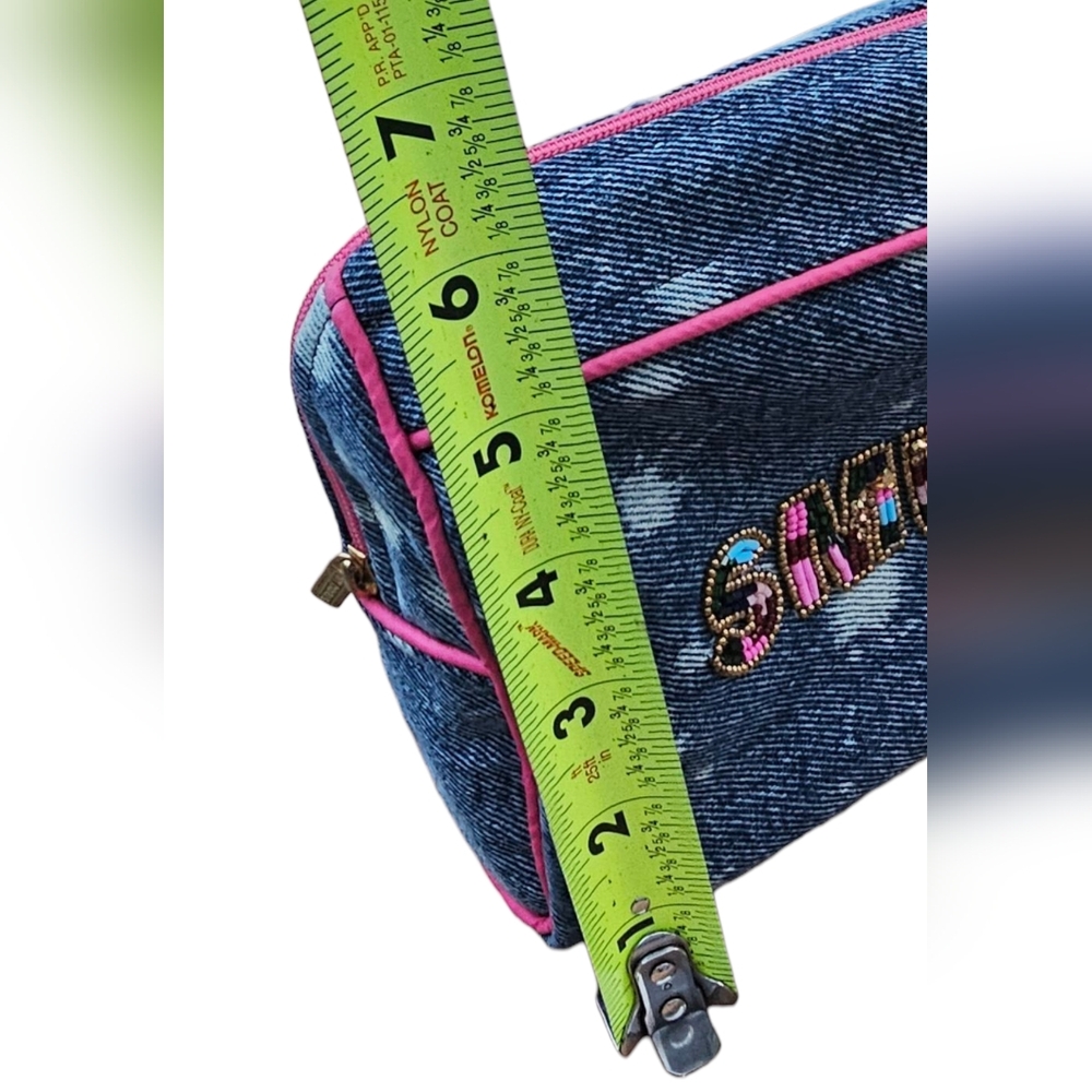 NEW My Doris - Small Denim 'Smile' Hand Beaded Embellished Women's Cosmetic Bag - Picture 8 of 10